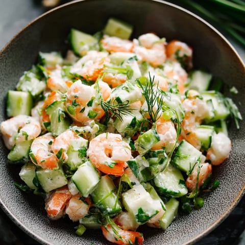 Eine Schüssel mit Garnelensalat, Gurken und frischen Kräutern.