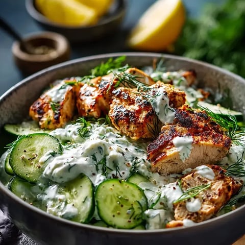 Eine Schale mit Huhn und Gurken und Zitrone als Beilage.