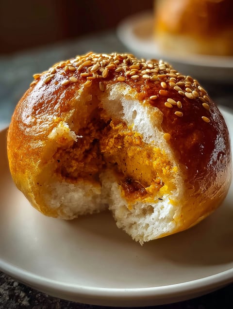 Ein japanisches Curry Brötchen mit einem Loch in der Mitte.