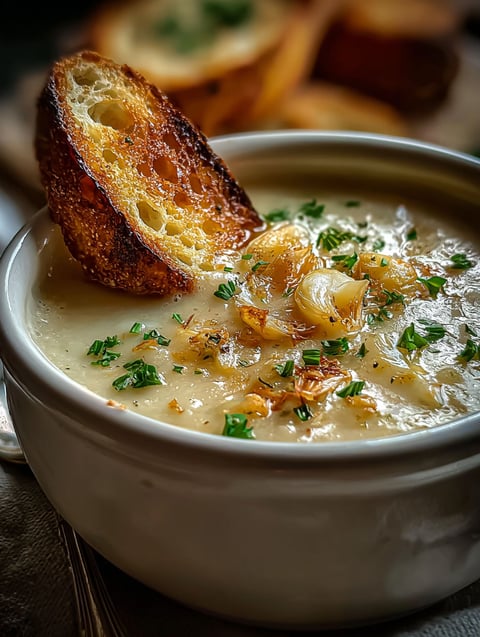 Schüssel mit rustikaler Knoblauchsuppe und Brot darauf.