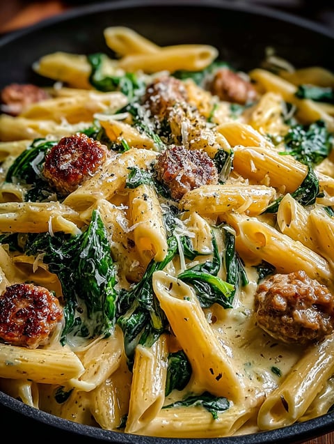 Leckere cremige Penne mit Spinat und italienischer Wurst in einer Pfanne.