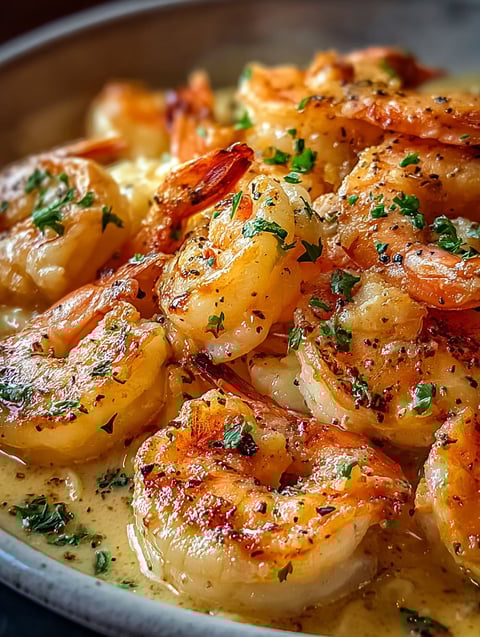 Ein Teller mit Garnelen in weißer Soße.