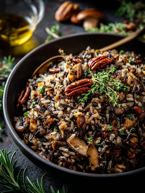 Eine Schüssel mit Reis und Pilzen.