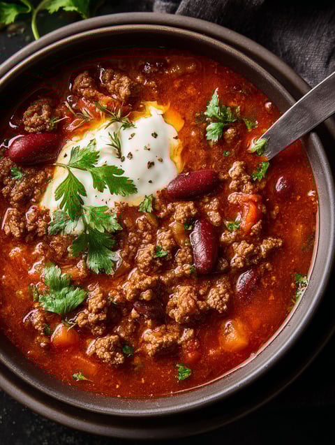 Eine Schüssel Chili-Rinderhack-Suppe.