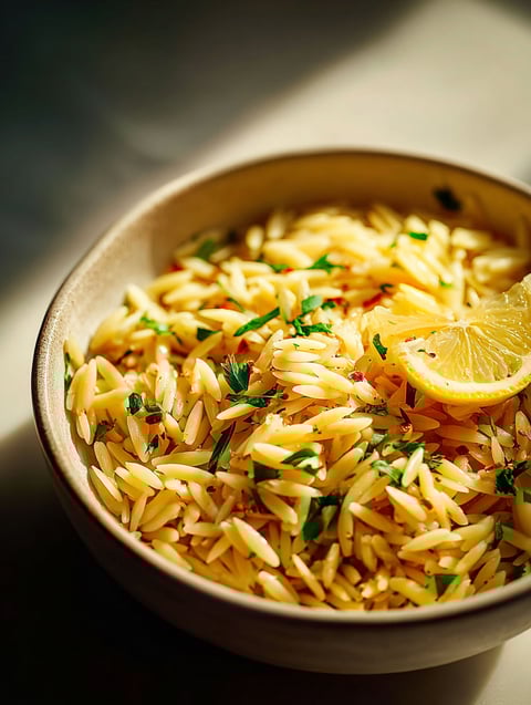 Eine Schale Pasta mit einer Zitronenscheibe oben drauf.