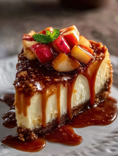 Ein Stück Karamell Apfel Käsekuchen.