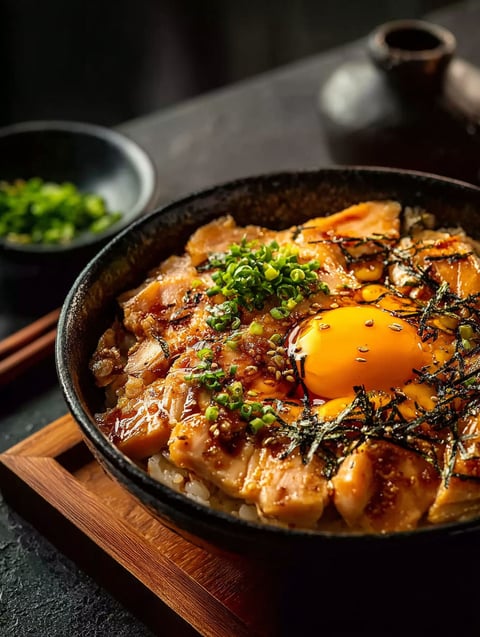 Eine Schale Oyakodon mit Spiegelei obendrauf.