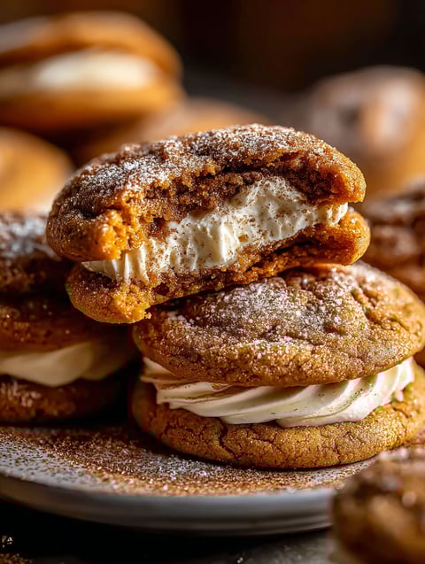 Kuerbiskekse mit Frischkaese und weisser Glasur.