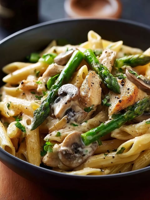 Eine Schüssel mit cremigen Spargel-Pilz-Hähnchen Penne.