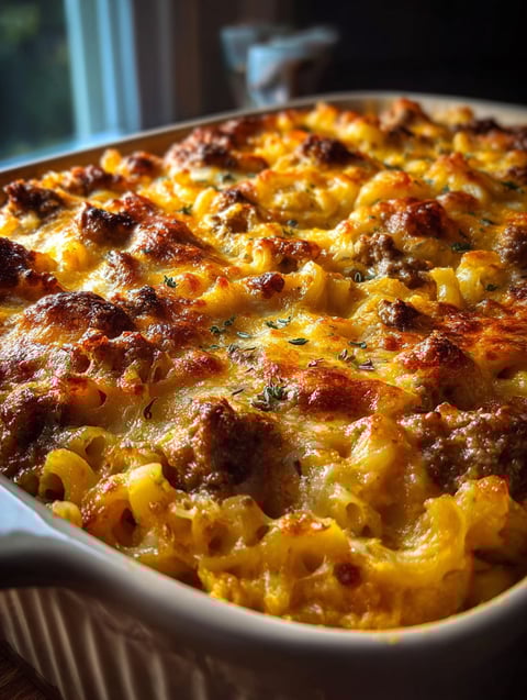 Auflaufform voll mit Hack und Käse.