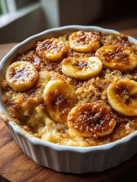 Nahaufnahme von Banana Cobbler mit Bananen und knusprigem Belag