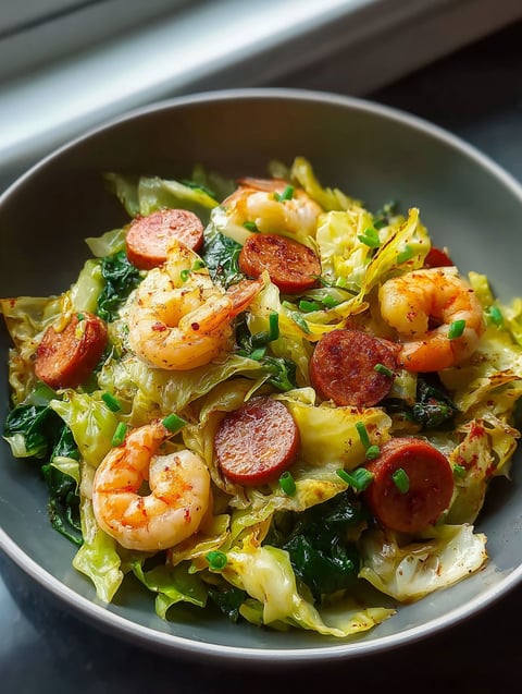 Eine Schüssel mit Garnelen, Wurst und Kohl.