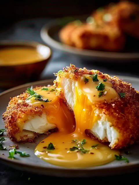 Ein Teller mit knusprigem Cheddar-Hühnchen und Sauce.