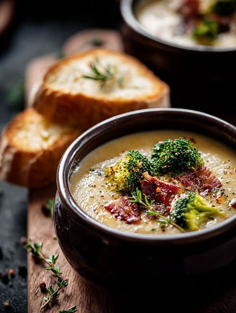 Eine Schüssel Cheddar Broccoli Suppe mit einem Stück Brot daneben.