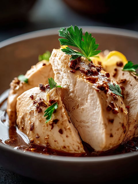 Ein Teller mit gewürztem Hähnchen.