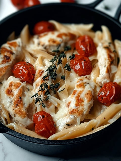 Ein Teller mit Huhn, Mozzarella und Nudeln.