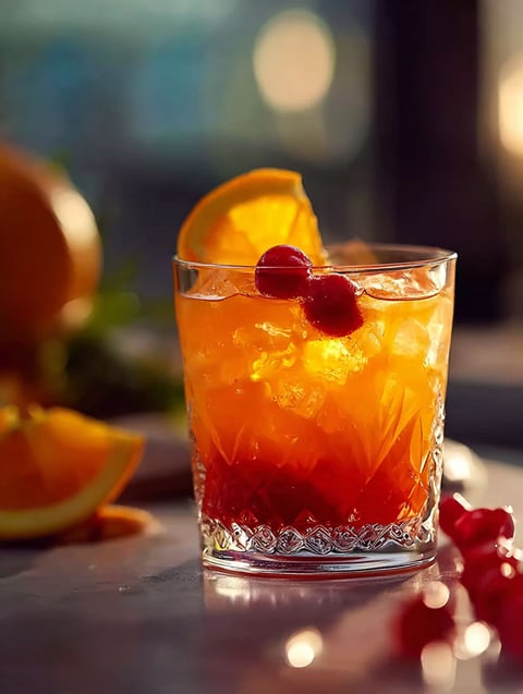 Ein Glas Tequila Sunset mit Orangenscheibe und Cocktailkirsche