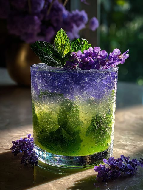 Ein Glas alkoholfreier Lavendel Mojito.