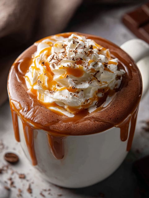 Eine Tasse gesalzene Karamell heiße Schokolade.