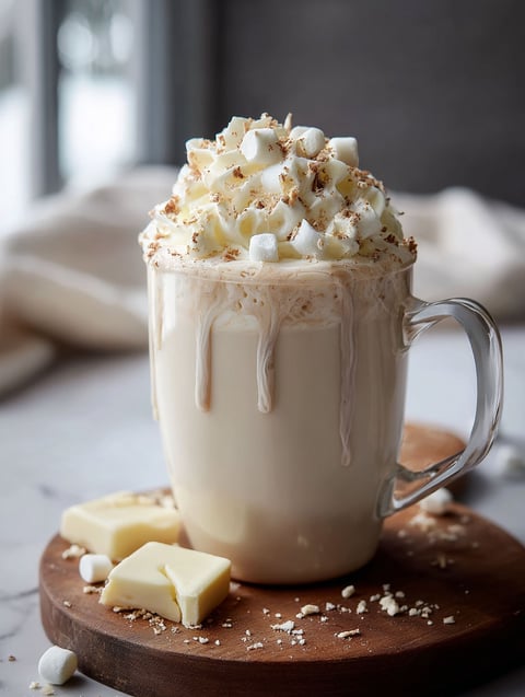 Eine Tasse weiße heiße Schokolade mit Marshmallows.