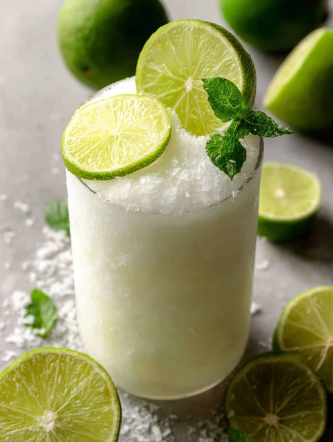 Ein Glas grüner Tee mit Limettenstücken oben drauf.