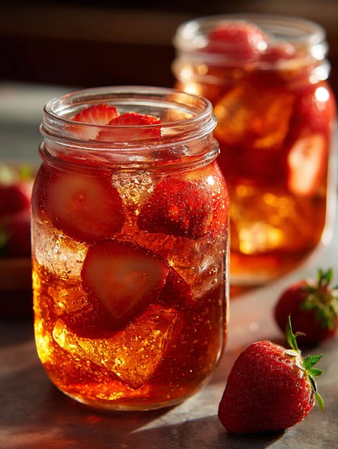 Ein Glas Erdbeerlimonade mit Erdbeeren darin.