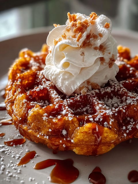 Ein Teller mit fluffigen Weihnachtswaffeln und einem Klecks Schlagsahne darauf.