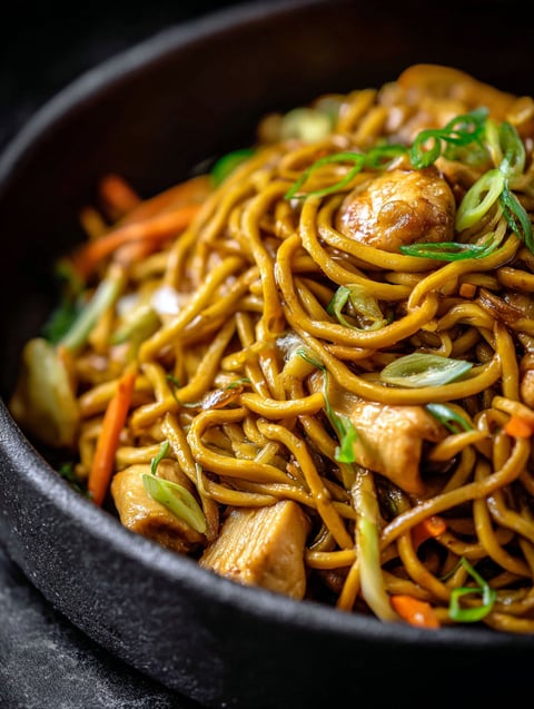 Eine Schüssel Lo Mein Nudeln mit Hähnchen und Gemüse.