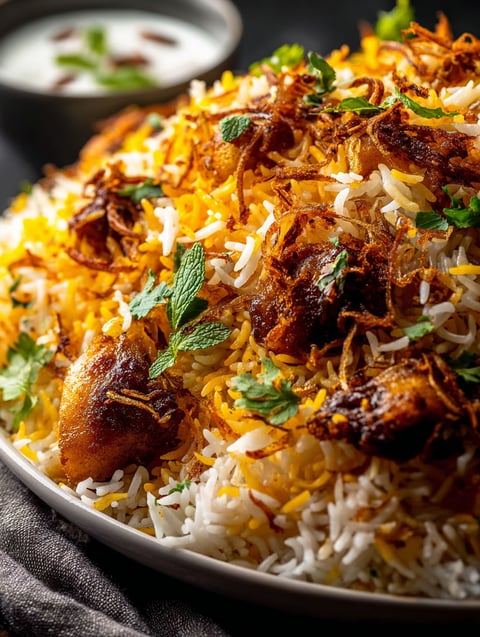 Ein Teller Reis mit Gemüse und Gewürzen.