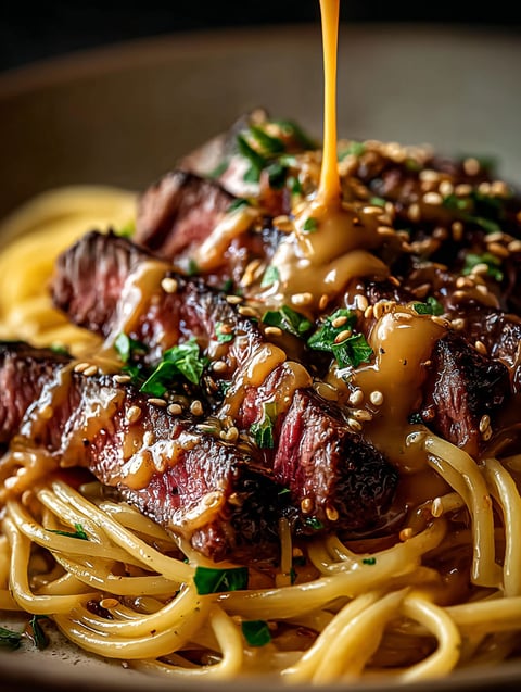 Nahaufnahme von leckerem Steak mit Knoblauchbutter und blitzschnellen Nudeln.