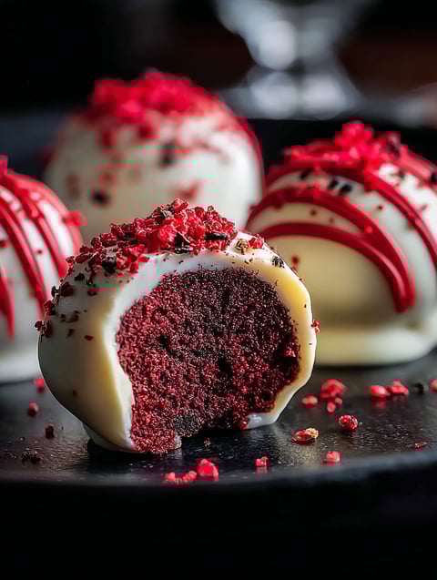 Rote Velvet Kugeln auf schwarzem Teller.