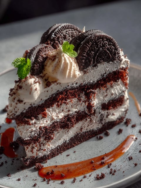 Ein Stück Creme Keks Kuchen.