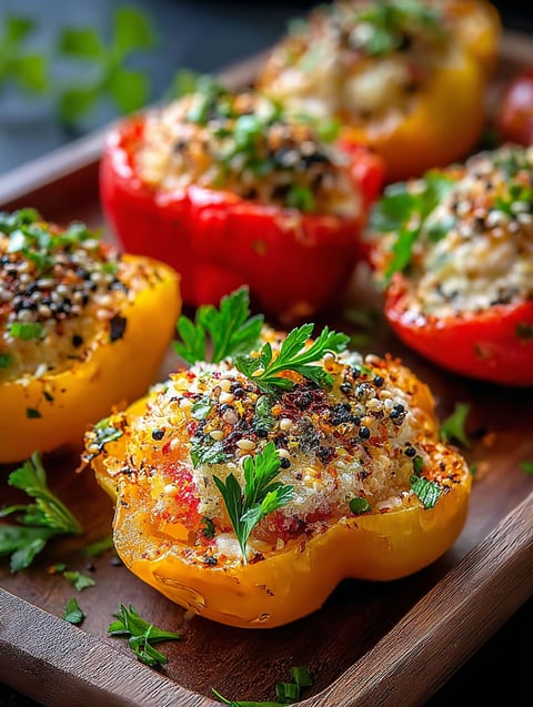 Gefüllte Paprika auf Holzbrett.