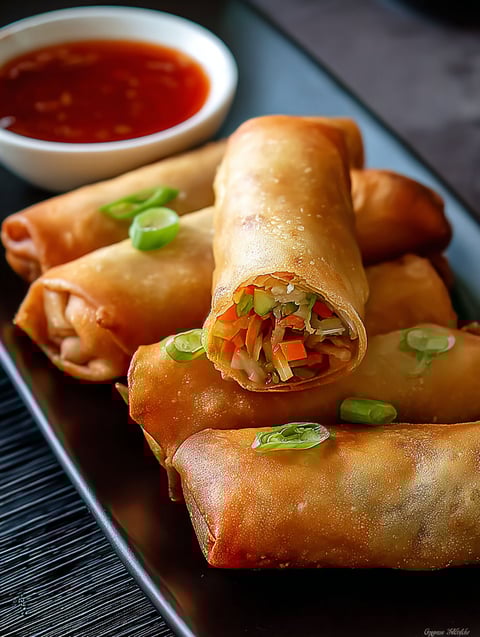 Ein Teller mit knusprigen Gemüse-Rollen.