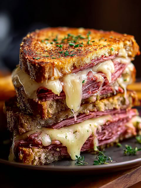 Drei geschichtete Reuben Toasts.