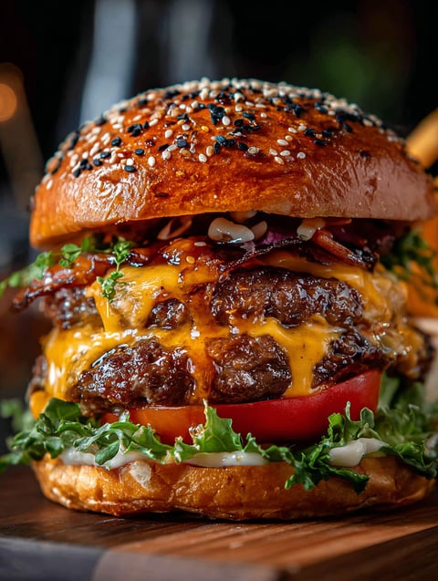 Nahaufnahme eines Burgers mit Bacon, Salat, Tomate und Käse.