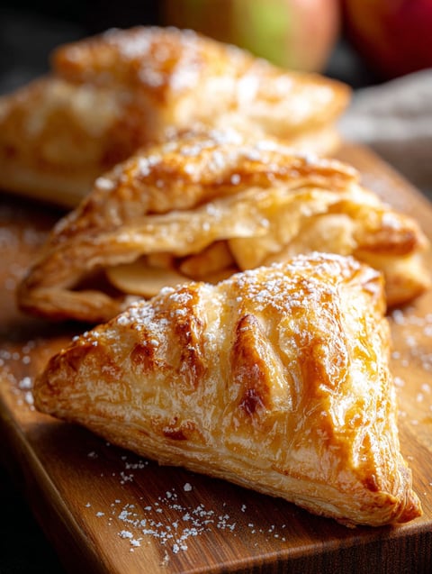 Drei Apfeltaschen mit Puderzucker auf Holzplatte.