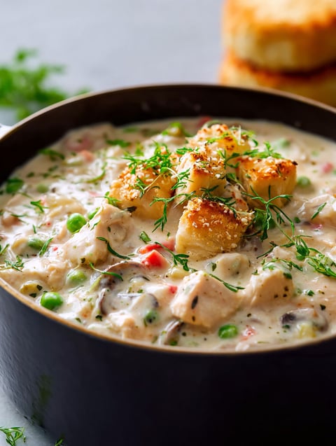 Eine Schüssel cremiges Huhn mit Gemüse.