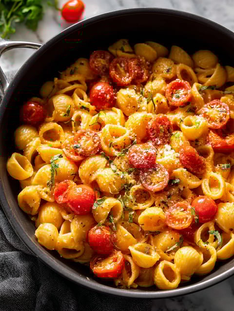 Eine Schüssel Pasta mit Tomaten und Käse.