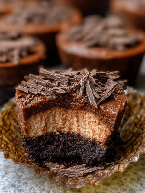 Ein Schoko Cheesecake mit Schokostückchen obendrauf.