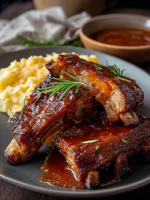 Ein Teller Rippchen mit Sauce.