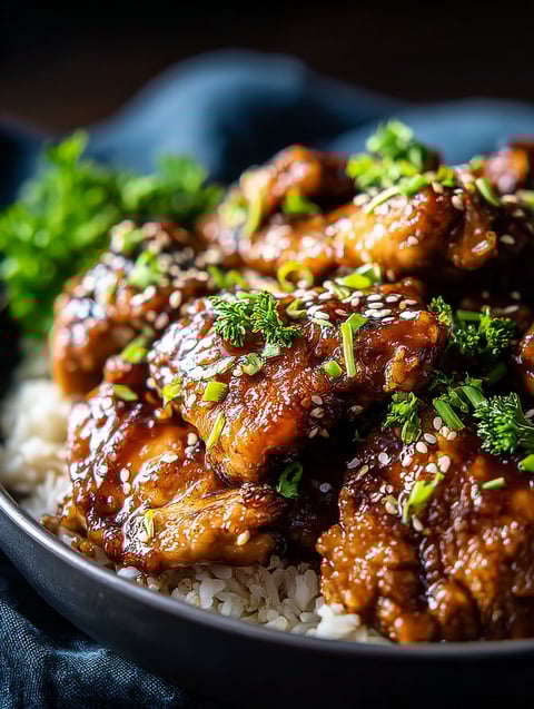 Ein Teller mit Hüftstücken, Reis und Garnierung.