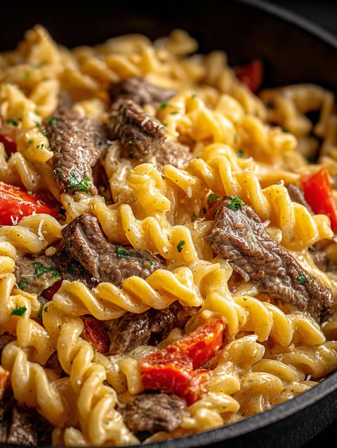 Nahaufnahme von leckerer Cheesesteak Pasta.