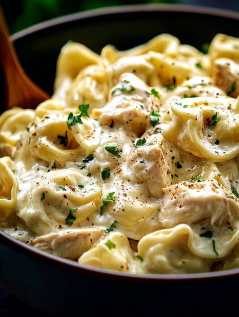 Eine Schüssel Pasta mit Huhn und Käse.