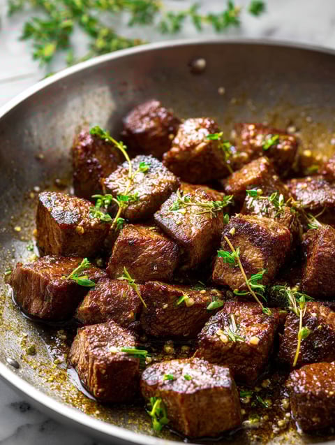 Eine Pfanne mit Steakwürfeln, Kräutern und Gewürzen.