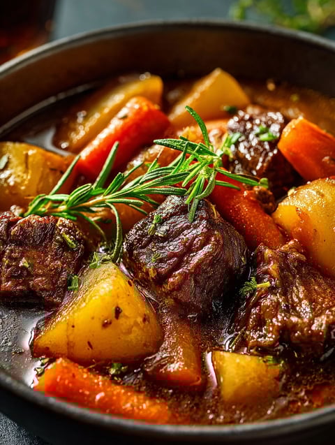 Nahaufnahme von einem Eintopf mit Fleisch und Gemüse.