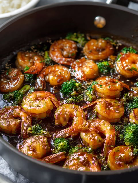 Eine Pfanne mit Garnelen, Knoblauch und Honig.