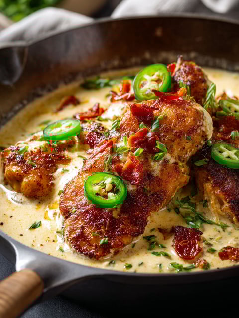 Hähnchengericht mit Jalapeños obendrauf.