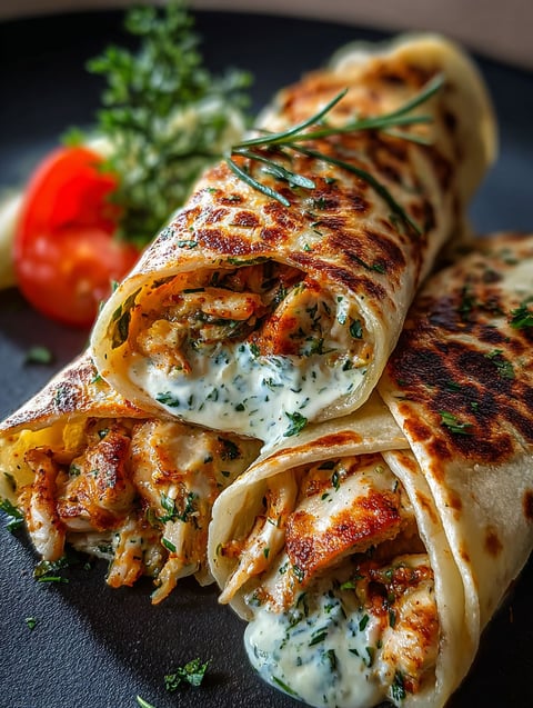 Ein Teller mit knusprigen Chicken Knoblauch Wraps.