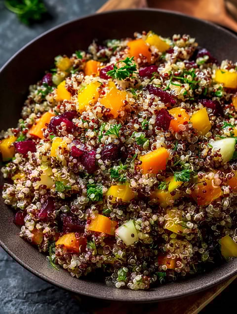 Eine Schüssel Quinoa Salat mit verschiedenen Früchten und Gemüse.